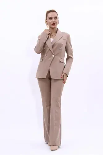 Erkek Yaka Kuruvaze Blazer Ceket & İspanyol Paça Pantolon-Taş-Taş - 4