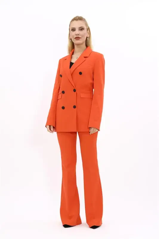 Erkek Yaka Kuruvaze Blazer Ceket & İspanyol Paça Pantolon-Turuncu-Turuncu - 5