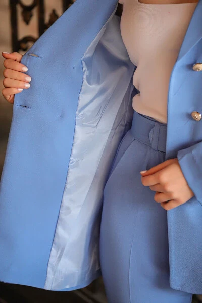 Blazer Ceket Kemerli Boru Paça Pantolon Takım-Açık Mavi - 5