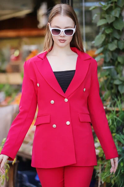 Blazer Ceket Kemerli Boru Paça Pantolon Takım-KIRMIZI - 4