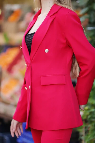 Blazer Ceket Kemerli Boru Paça Pantolon Takım-KIRMIZI - 5