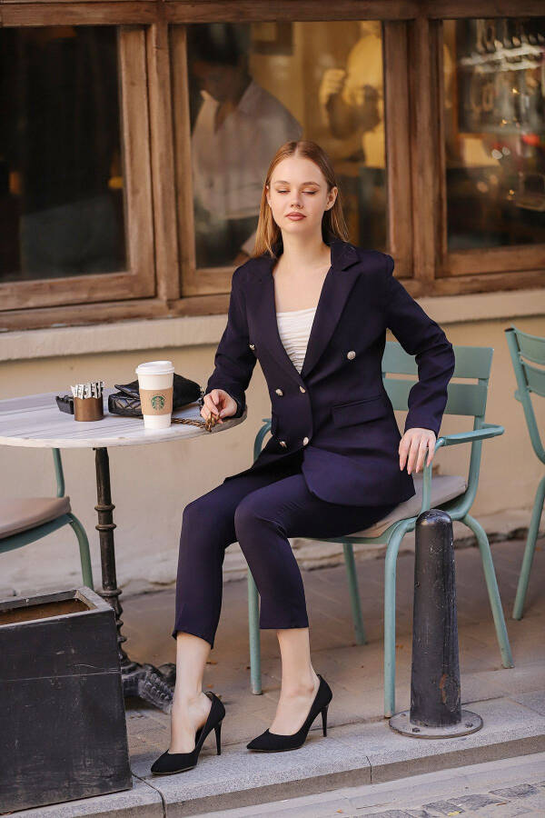 Blazer Ceket Kemerli Boru Paça Pantolon Takım-LACİVERT - 3
