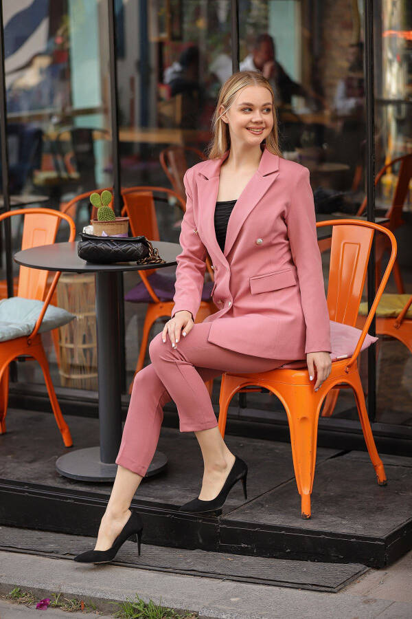 Blazer Ceket Kemerli Boru Paça Pantolon Takım-Pudra - 2