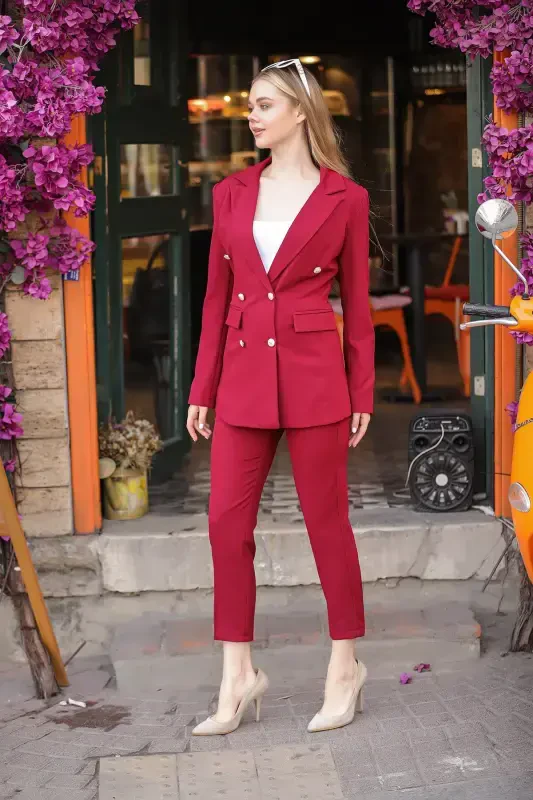 Blazer Ceket Kemerli Boru Paça Pantolon Takım-Bordo - 3