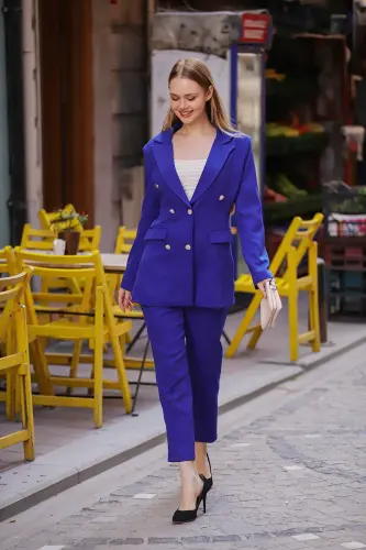 Blazer Ceket Kemerli Boru Paça Pantolon Takım-SAKS MAVİ 