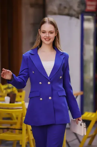 Blazer Ceket Kemerli Boru Paça Pantolon Takım-SAKS MAVİ - 5