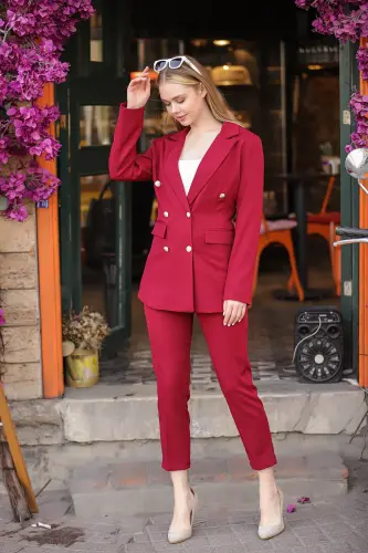 Blazer Jacket Belted Straight Leg Pants Suit-Burgundy - 3