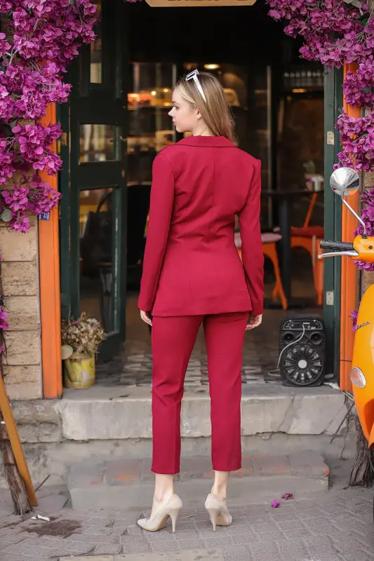 Blazer Jacket Belted Straight Leg Pants Suit-Burgundy - 6