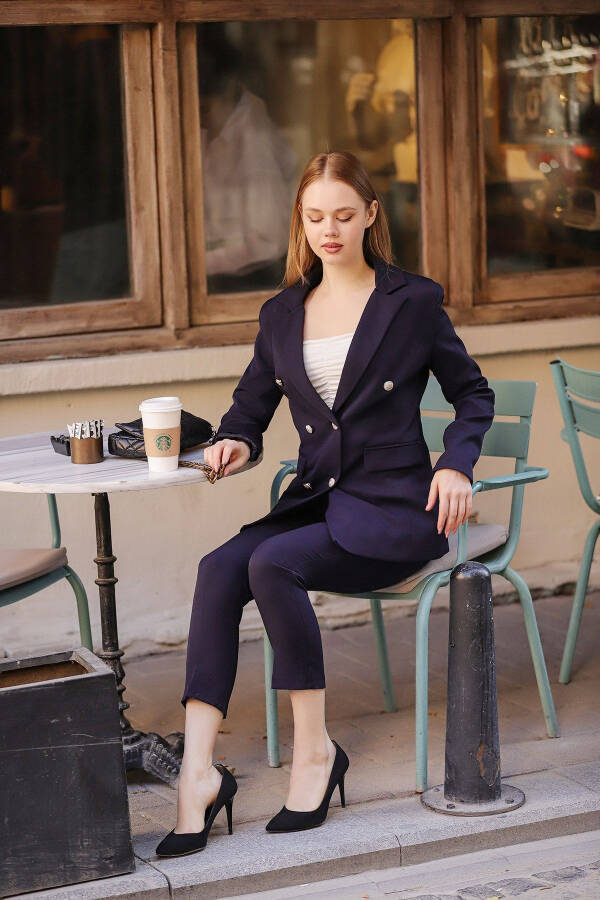 Blazer Jacket Belted Wide Leg Pants Suit - 4