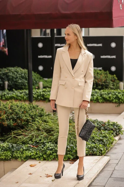 Blazer Jacket Belted Wide Leg Pants Suit - 4