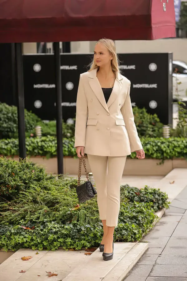 Blazer Jacket Belted Wide Leg Pants Suit - 5