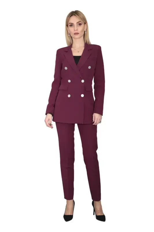 Blazer Jacket & Flare Leg Pants Set-plum-Plum - 1