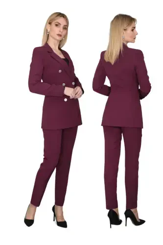 Blazer Jacket & Flare Leg Pants Set-plum-Plum - 3