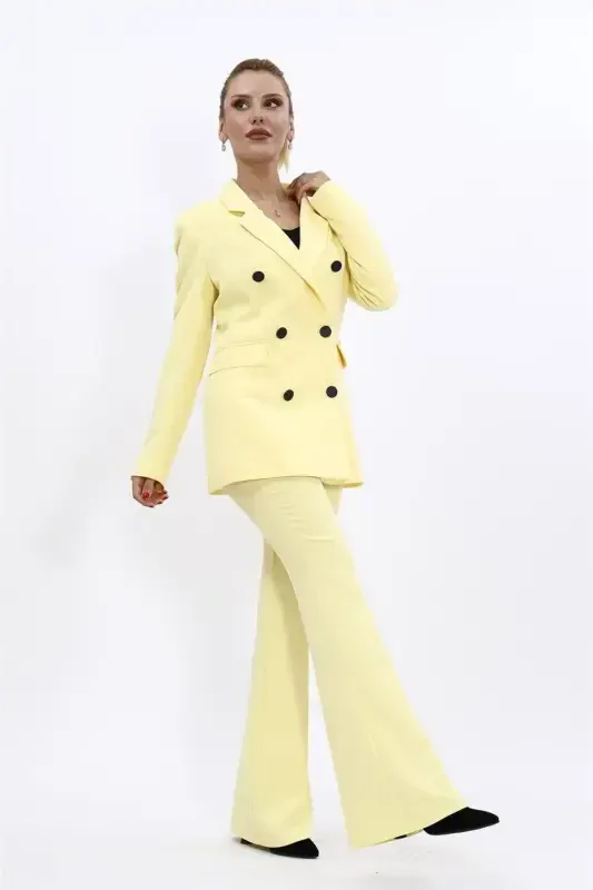 Blazer Jacket & Flare Leg Pants Set-yellow-Yellow - 1