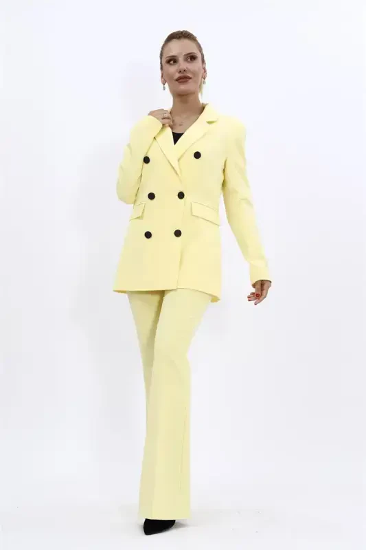 Blazer Jacket & Flare Leg Pants Set-yellow-Yellow - 4