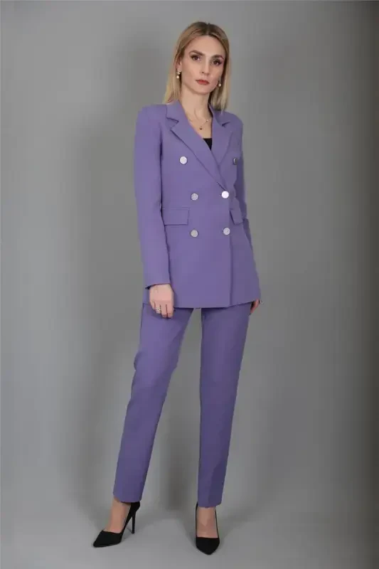 Blazer Jacket & Flare Leg Pants Suit-lilac-Lilac - 1
