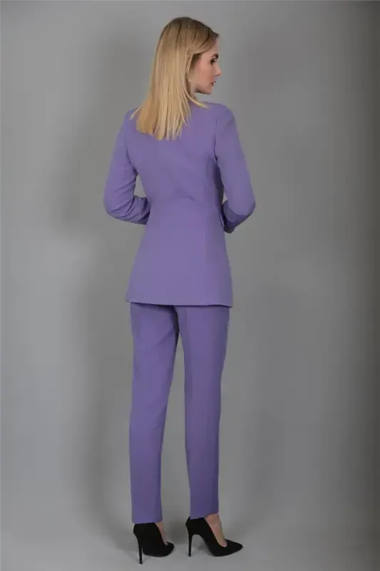 Blazer Jacket & Flare Leg Pants Suit-lilac-Lilac - 5