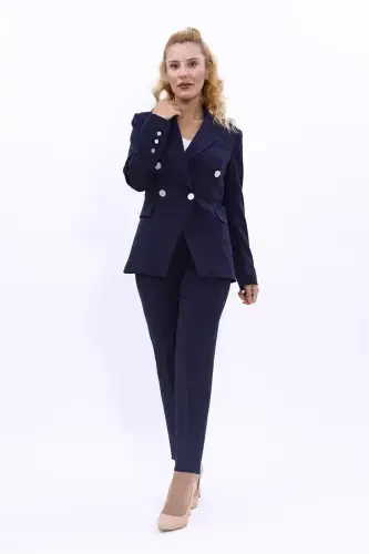 Blazer Jacket & Flare Leg Pants Suit-Navy Blue-Navy Blue - 1