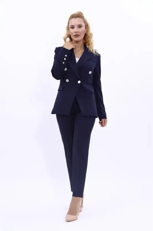 Blazer Jacket & Flare Leg Pants Suit-Navy Blue-Navy Blue - 1
