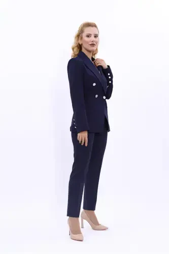 Blazer Jacket & Flare Leg Pants Suit-Navy Blue-Navy Blue - 3