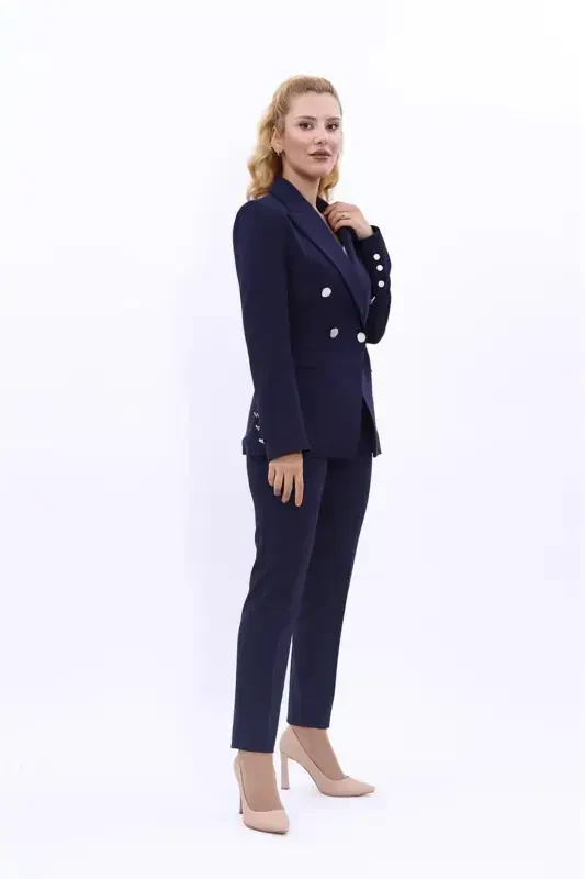 Blazer Jacket & Flare Leg Pants Suit-Navy Blue-Navy Blue - 3