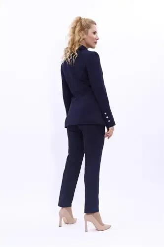Blazer Jacket & Flare Leg Pants Suit-Navy Blue-Navy Blue - 4