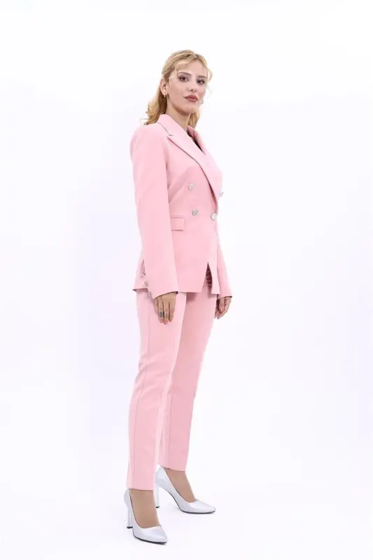 Blazer Jacket & Flare Leg Pants Suit-Powder-Powder - 3