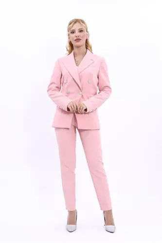 Blazer Jacket & Flare Leg Pants Suit-Powder-Powder - 5