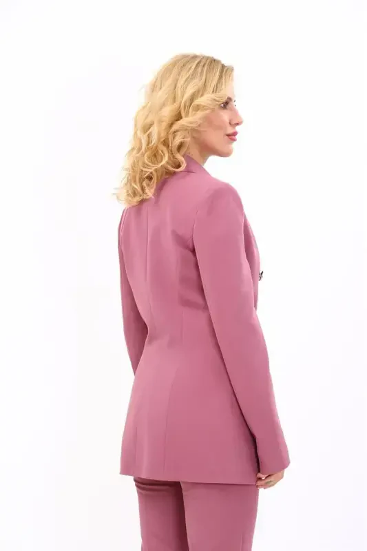Blazer Jacket & Flare Leg Pants Suit-Rose-Rose - 3