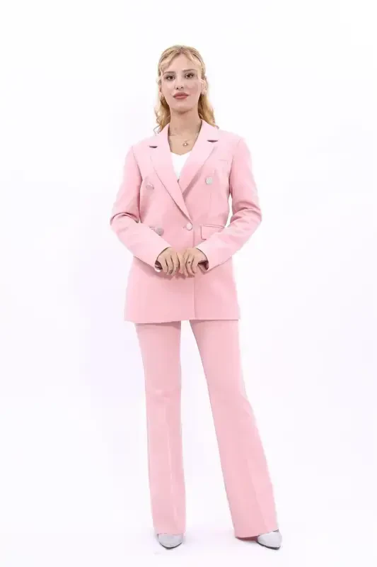 Blazer Jacket & Flare Leg Trousers Set-Powder-Powder - 4