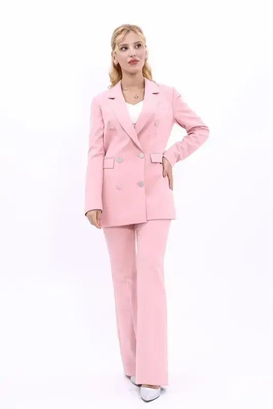 Blazer Jacket & Flare Leg Trousers Set-Powder-Powder - 5