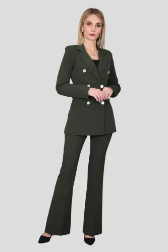 Blazer Jacket & Flared Pants Suit-khaki-Khaki - 4