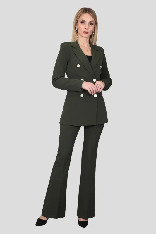 Blazer Jacket & Flared Pants Suit-khaki-Khaki - 4