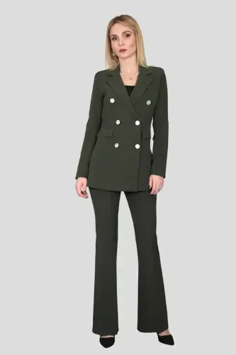 Blazer Jacket & Flared Pants Suit-khaki-Khaki - 1