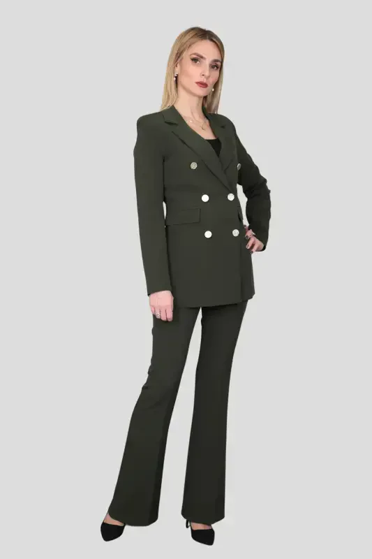 Blazer Jacket & Flared Pants Suit-khaki-Khaki - 2