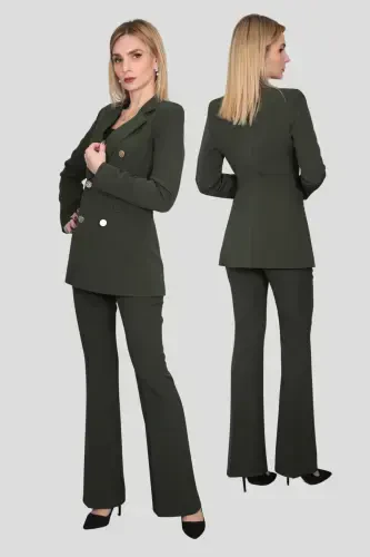 Blazer Jacket & Flared Pants Suit-khaki-Khaki - 3