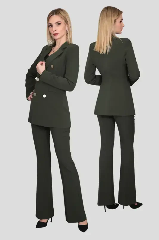 Blazer Jacket & Flared Pants Suit-khaki-Khaki - 3