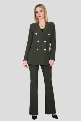 Blazer Jacket & Flared Pants Suit-khaki-Khaki - 5