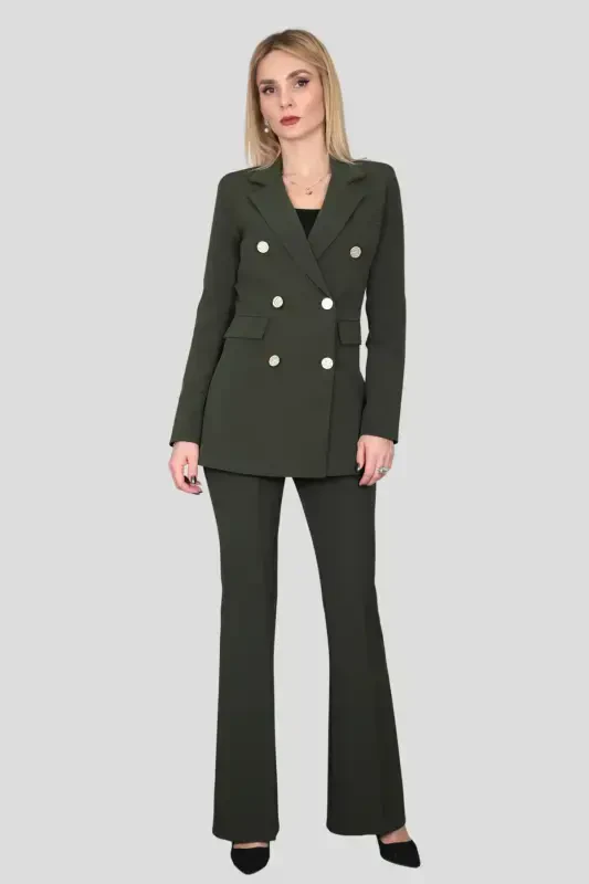 Blazer Jacket & Flared Pants Suit-khaki-Khaki - 5