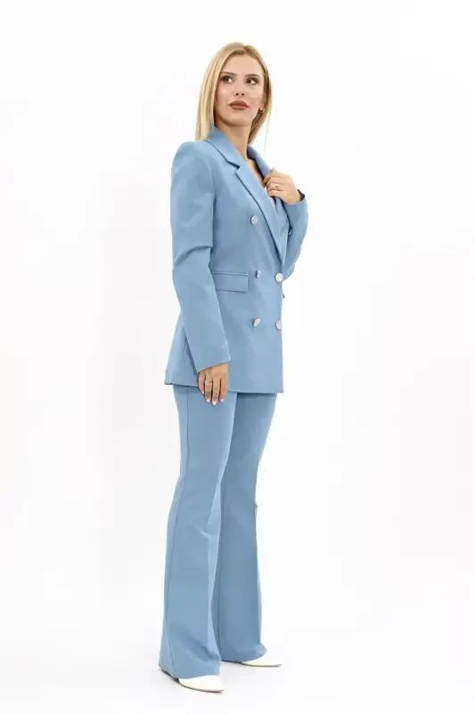 Blazer Jacket & Flared Pants Suit-Light Blue-Light Blue - 3