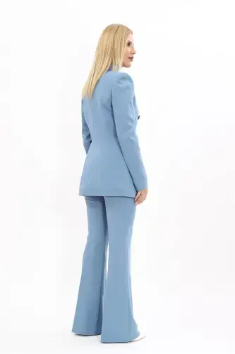 Blazer Jacket & Flared Pants Suit-Light Blue-Light Blue - 4