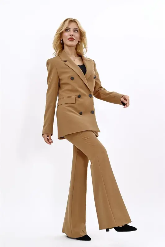 Blazer Jacket & Flared Trousers Set-Camel-Camel - ÖNDER ÖZSOY