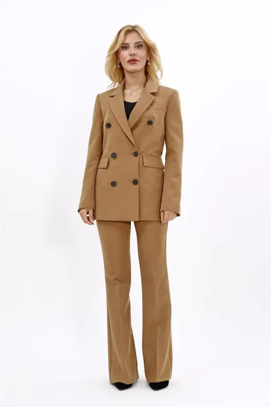 Blazer Jacket & Flared Trousers Set-Camel-Camel - 3