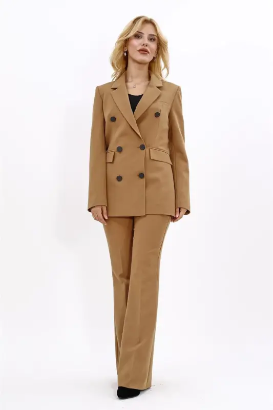 Blazer Jacket & Flared Trousers Set-Camel-Camel - 4