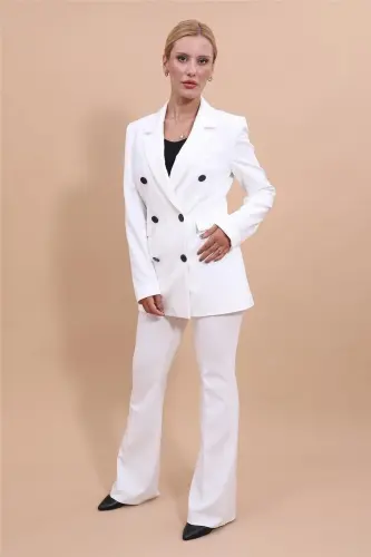 Blazer Jacket & Flared Trousers Set-Ecru-Ecru - 3