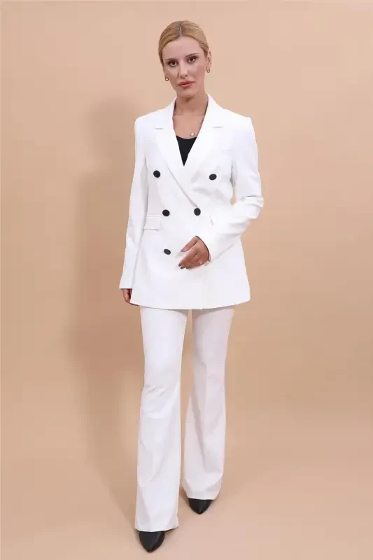 Blazer Jacket & Flared Trousers Set-Ecru-Ecru - 2