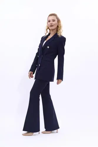 Blazer Jacket & Flared Trousers Set-Navy Blue-Navy Blue - 2