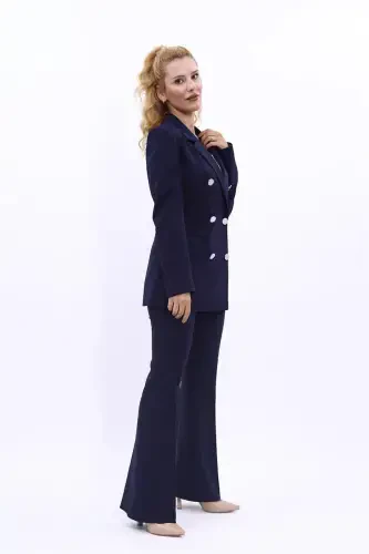 Blazer Jacket & Flared Trousers Set-Navy Blue-Navy Blue - 3