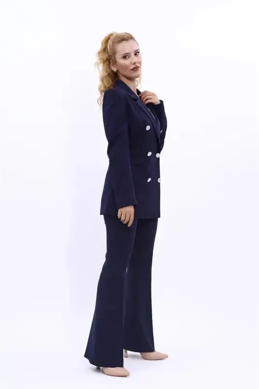Blazer Jacket & Flared Trousers Set-Navy Blue-Navy Blue - 3