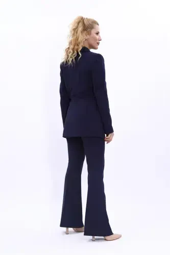 Blazer Jacket & Flared Trousers Set-Navy Blue-Navy Blue - 4